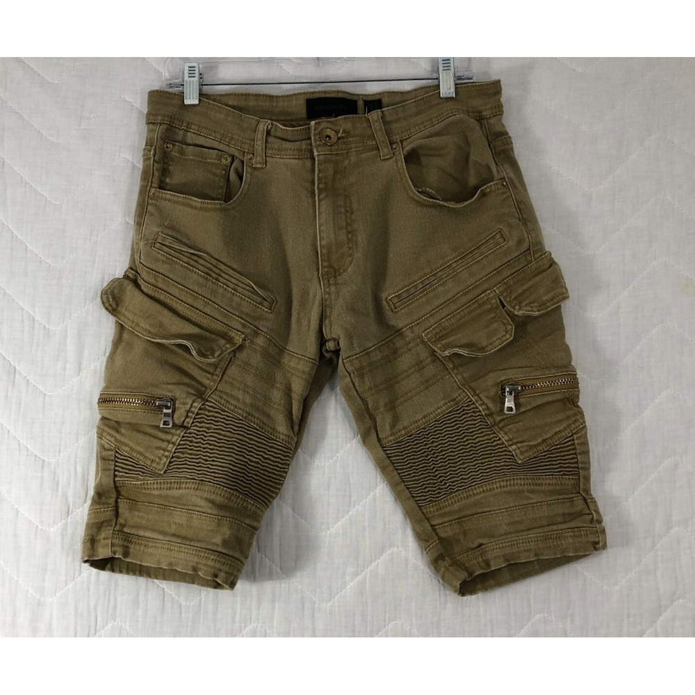 Decibel‎ Shorts Men's Size 32 Denim Brown Tan Biker Zip Pockets 12" Inseam